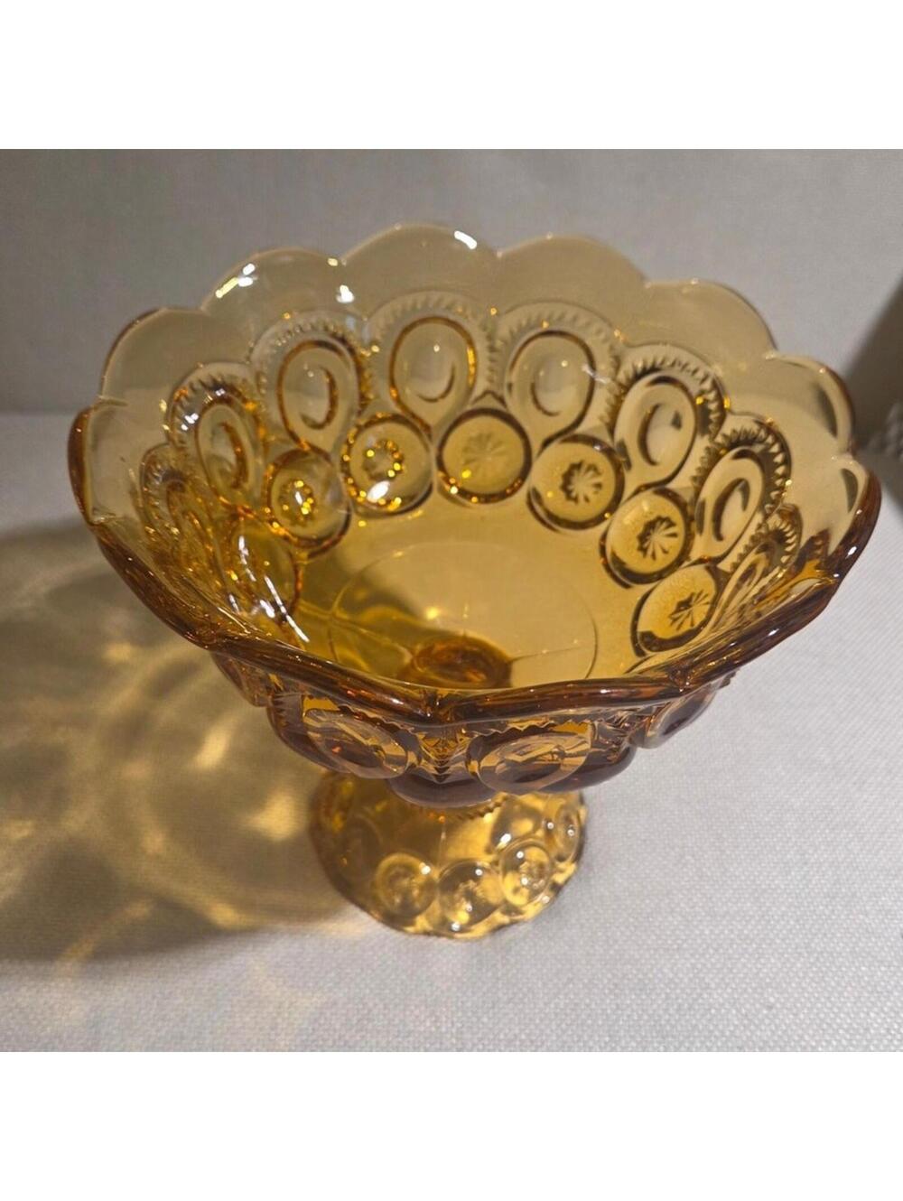 Vintage LE Smith Amber Glass Moon and Stars Flared Pedestal Compote Bowl 7.5"
